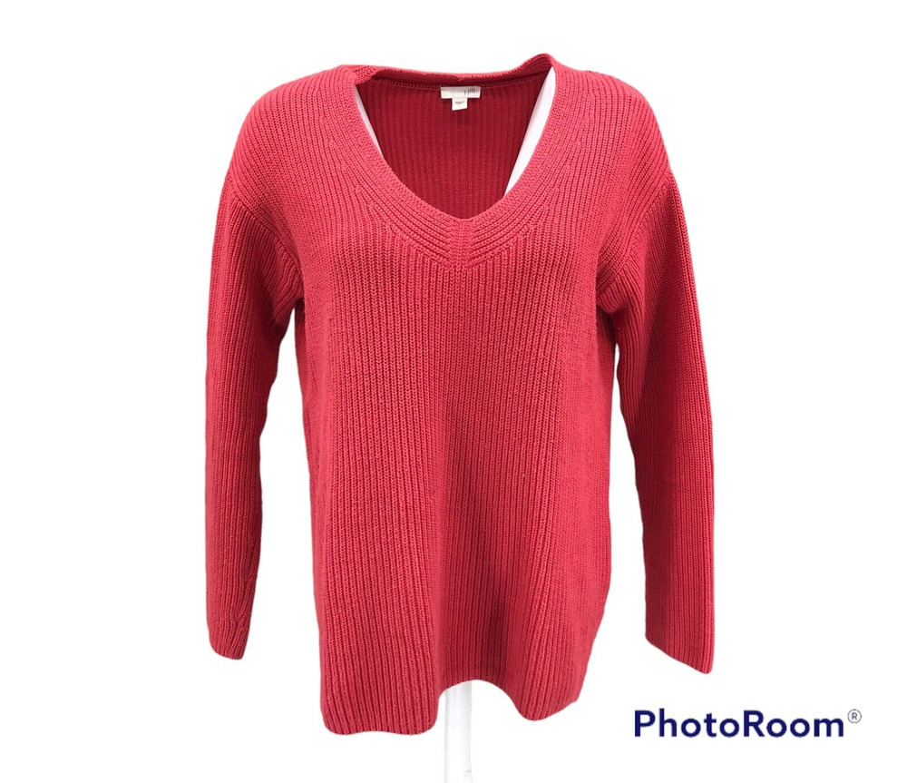 J Jill Women's V-Neck Chunky Cable Knit Tunic Sweater Sz SM Burgundy Relaxed Fit